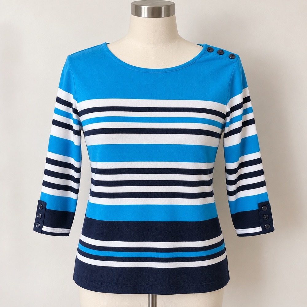 Links Shirt Women's Size Medium Blue White Navy Striped Boat Neck Button